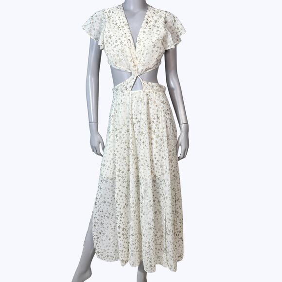 Free People Jasper Gold Foil Star Cutout Maxi Dress Womens 4 Fairy Boho Romantic - Picture 1 of 10